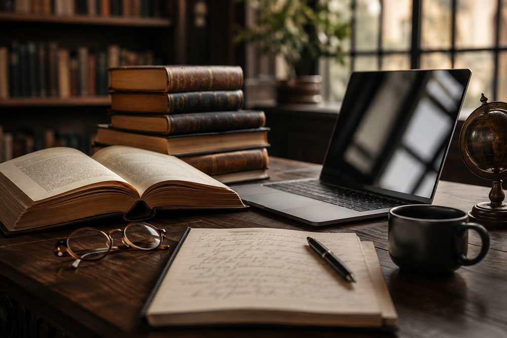 Escritorio con libros clásicos y un portátil que representa la relación entre el equilibrio vida-trabajo y la automatización empresarial.