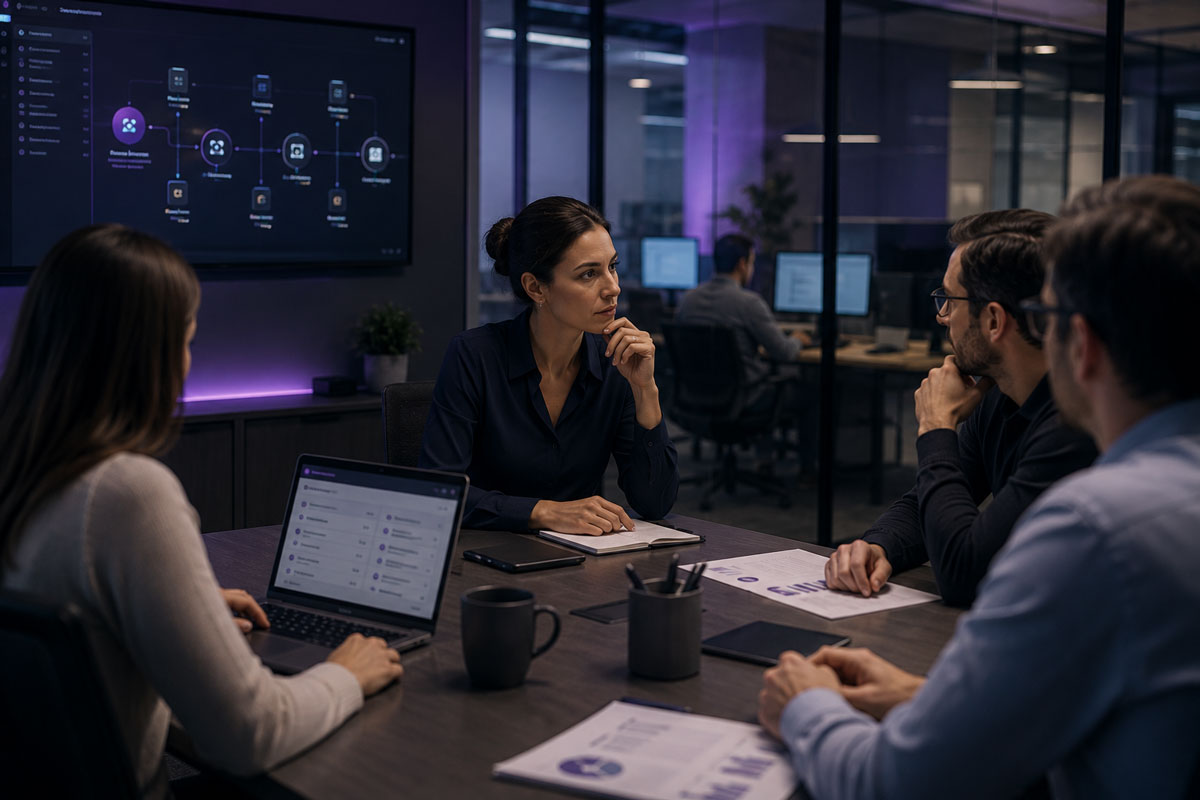Equipo directivo en una reunión estratégica mientras la automatización empresarial ejecuta procesos en segundo plano para favorecer el equilibrio vida-trabajo.