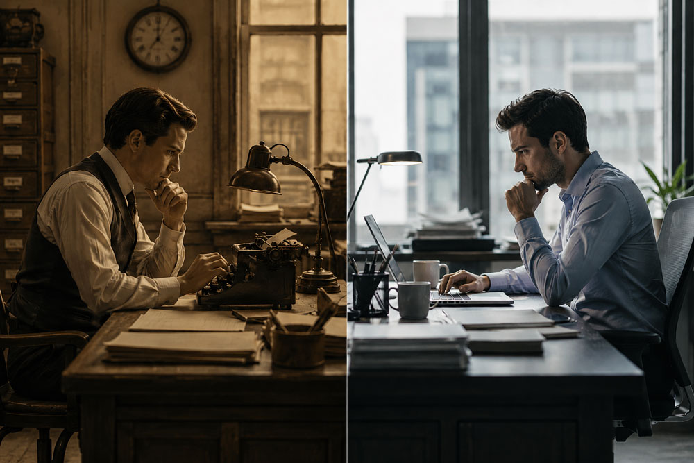 Comparación entre un trabajador con máquina de escribir y otro con un portátil que representa la evolución del trabajo y el equilibrio vida-trabajo.