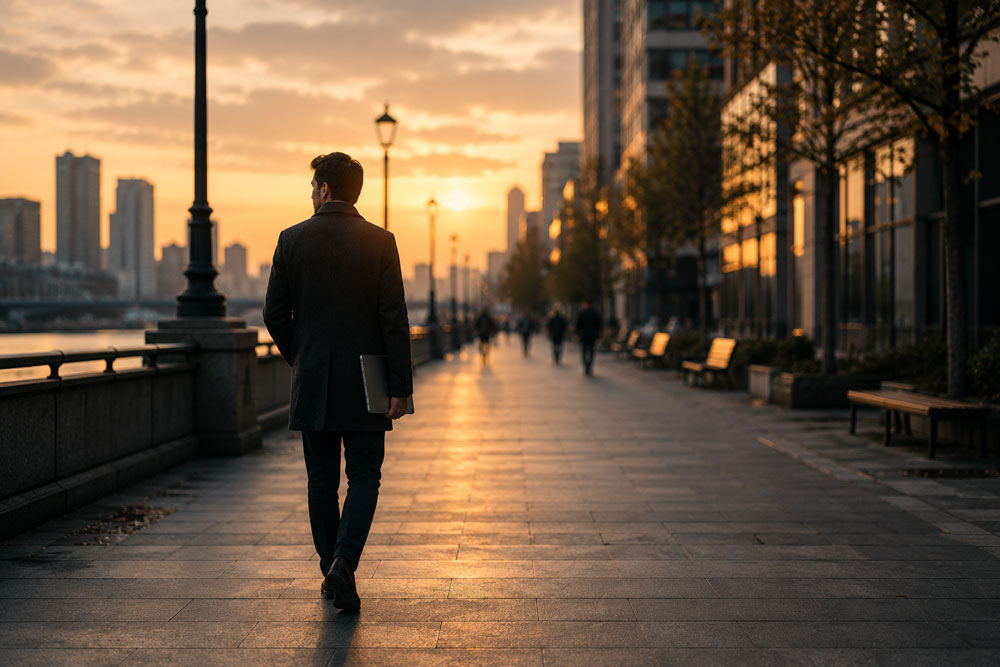 Profesional caminando al atardecer con un portátil, representando el equilibrio vida-trabajo y la importancia de recuperar tiempo gracias a la automatización.