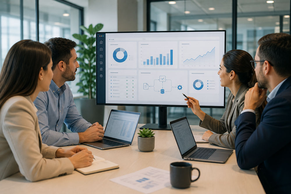 Equipo analizando un dashboard para optimizar la gestión de facturas electrónicas mediante un proveedor tecnológico integrado