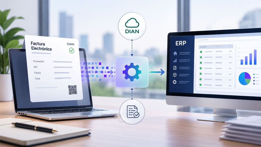 representación gráfica de la integración de factura electrónica con ERP mediante datos XML