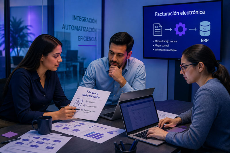 Equipo contable discutiendo la pertinencia de adquirir un software propio de facturación