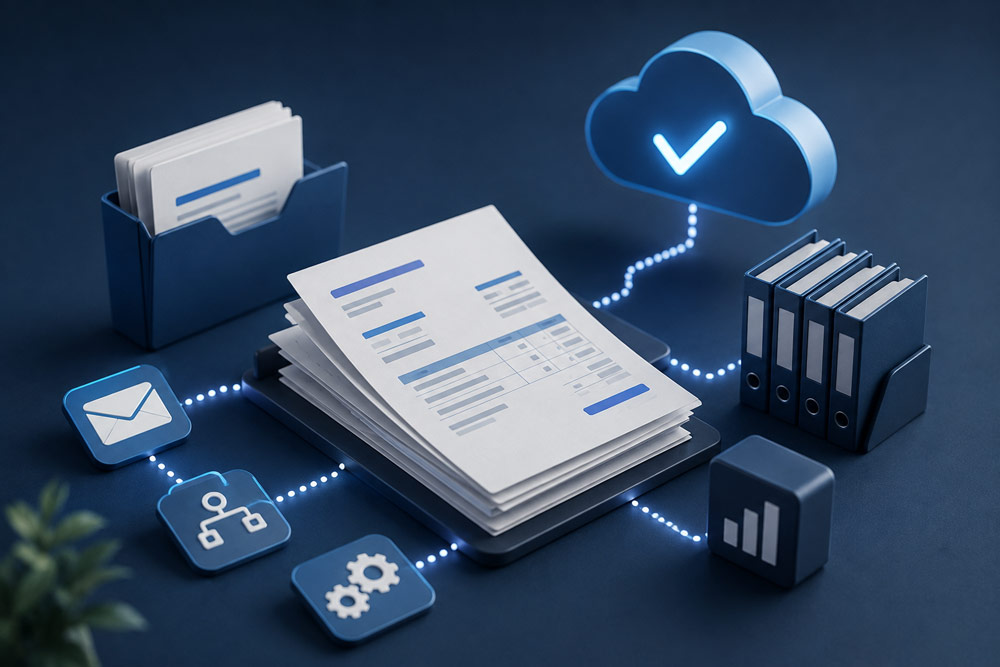 Representación visual de una factura siendo gestionada por un software propio de facturación